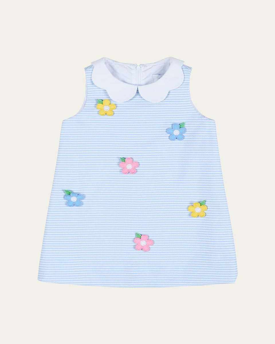 Girl's Striped Dress W/ Floral Appliques, Size 12M-